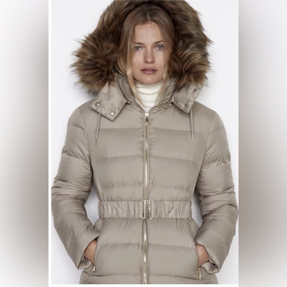 ZARA Water Repellent Down Filled Coat Tan Small